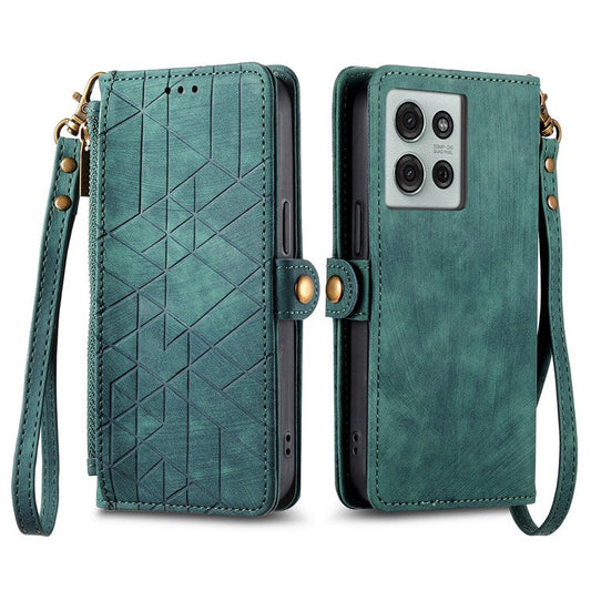For Motorola Moto G75 5G Case Zipper Wallet Geometry Lines Leather Phone Cover - Green