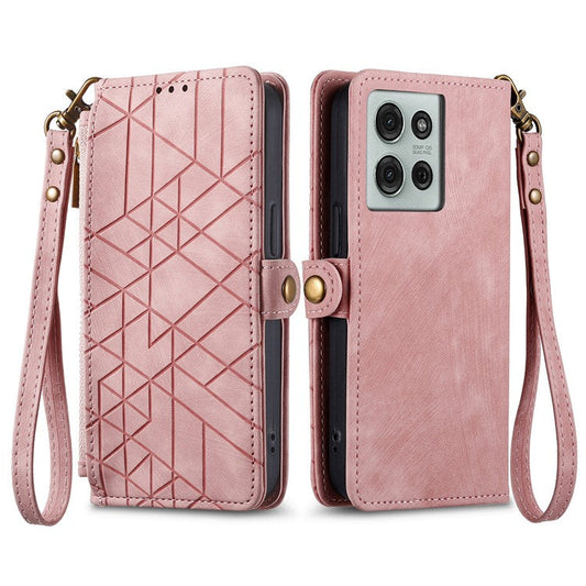 For Motorola Moto G75 5G Case Zipper Wallet Geometry Lines Leather Phone Cover - Pink