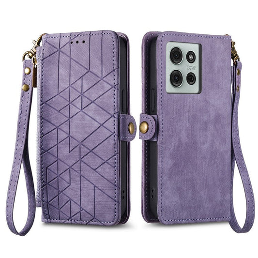 For Motorola Moto G75 5G Case Zipper Wallet Geometry Lines Leather Phone Cover - Light Purple