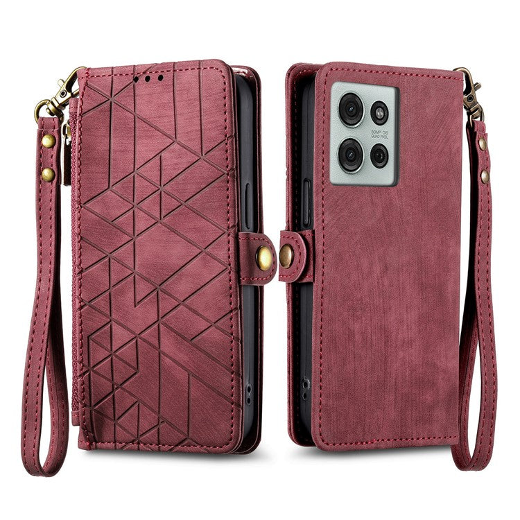 For Motorola Moto G75 5G Case Zipper Wallet Geometry Lines Leather Phone Cover - Red