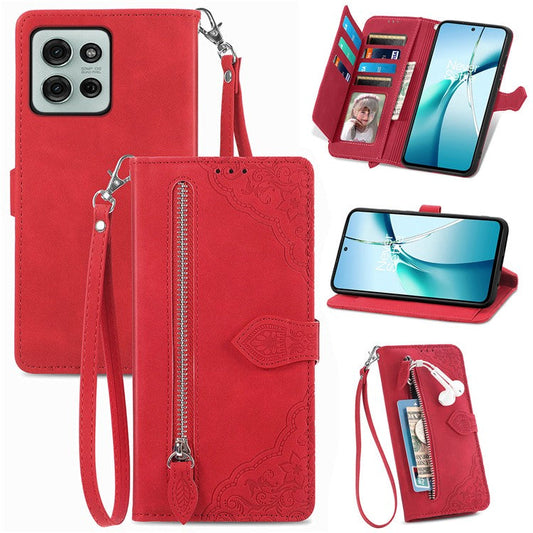 For Motorola Moto G75 5G Case Zipper Wallet PU Leather Flower Imprint Phone Cover - Red