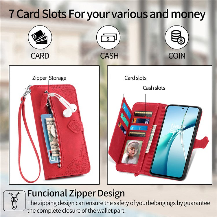 For Motorola Moto G75 5G Case Zipper Wallet PU Leather Flower Imprint Phone Cover - Red