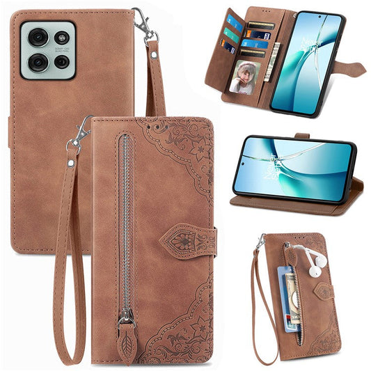 For Motorola Moto G75 5G Case Zipper Wallet PU Leather Flower Imprint Phone Cover - Brown