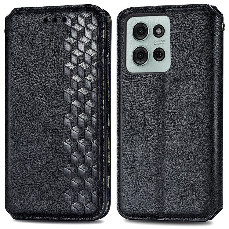 For Motorola Moto G75 5G Case Rhombus Imprint PU Leather Wallet Phone Cover - Black