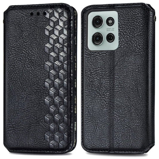 For Motorola Moto G75 5G Case Rhombus Imprint PU Leather Wallet Phone Cover - Black