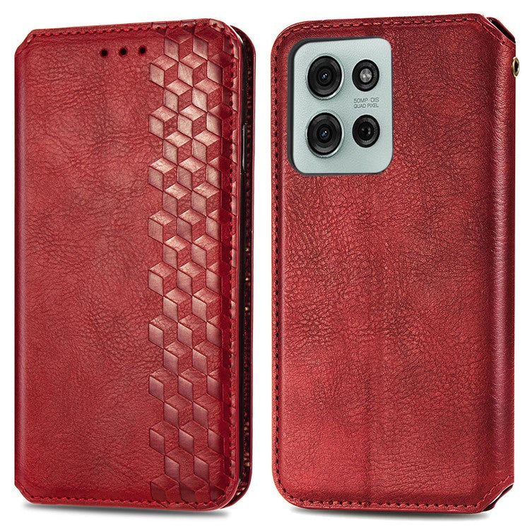 For Motorola Moto G75 5G Case Rhombus Imprint PU Leather Wallet Phone Cover - Red
