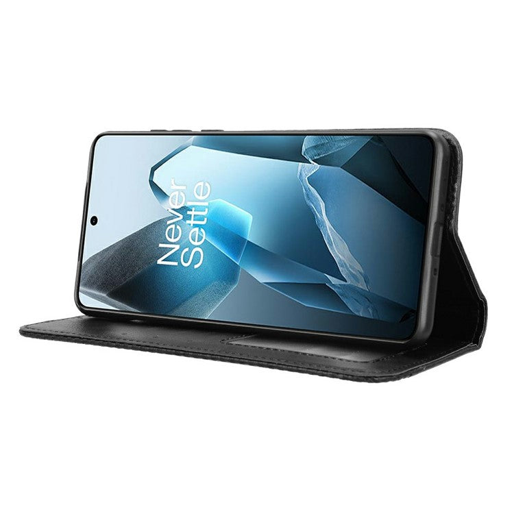 For OnePlus 13 Leather Case Wallet Stand Retro Texture Phone Cover - Black