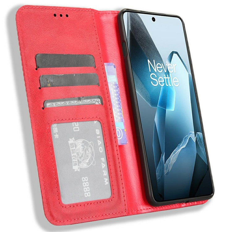 For OnePlus 13 Leather Case Wallet Stand Retro Texture Phone Cover - Red