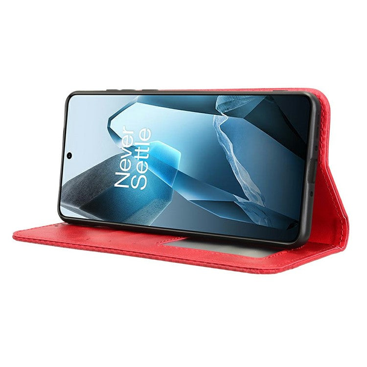 For OnePlus 13 Leather Case Wallet Stand Retro Texture Phone Cover - Red