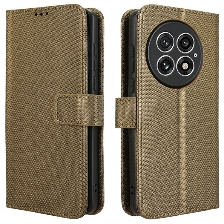 For OnePlus 13 Case PU Leather Diamond Texture Wallet Phone Cover - Brown