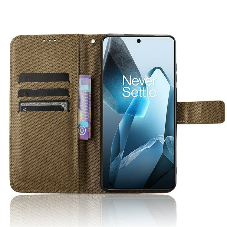 For OnePlus 13 Case PU Leather Diamond Texture Wallet Phone Cover - Brown