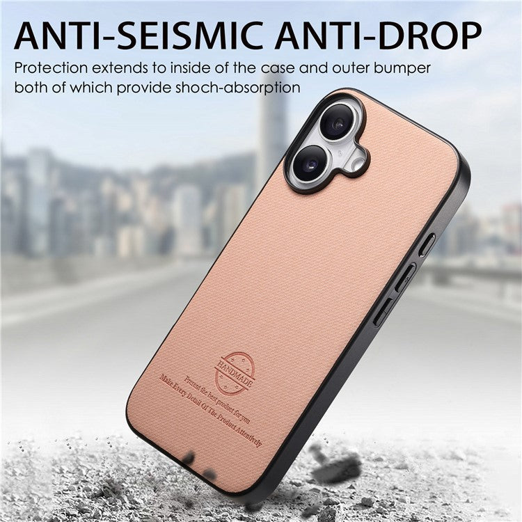 For iPhone 16 Case Cloth Texture Leather+PC+TPU Anti-Drop Phone Cover - Pink