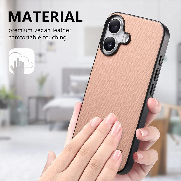 For iPhone 16 Case Cloth Texture Leather+PC+TPU Anti-Drop Phone Cover - Pink