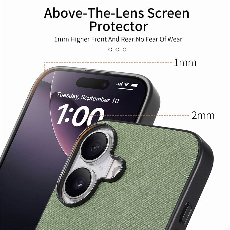 For iPhone 16 Case Cloth Texture Leather+PC+TPU Anti-Drop Phone Cover - Green