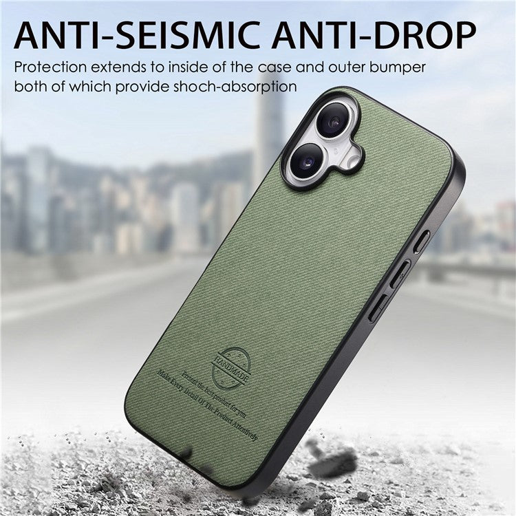 For iPhone 16 Case Cloth Texture Leather+PC+TPU Anti-Drop Phone Cover - Green