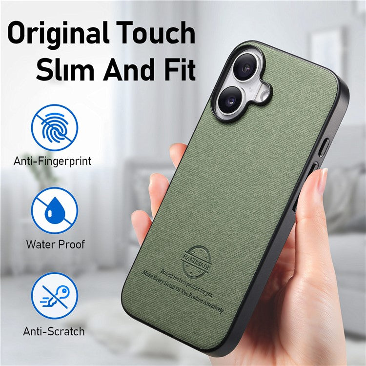For iPhone 16 Case Cloth Texture Leather+PC+TPU Anti-Drop Phone Cover - Green