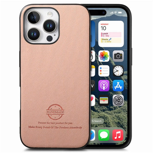 For iPhone 16 Pro Case Cloth Texture Leather+PC+TPU Anti-Drop Phone Cover - Pink