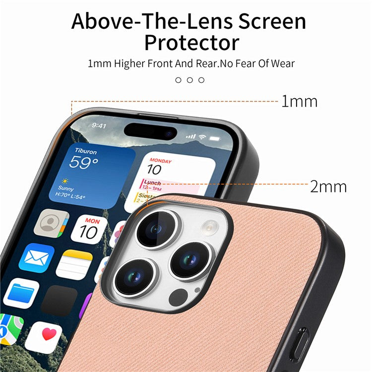 For iPhone 16 Pro Case Cloth Texture Leather+PC+TPU Anti-Drop Phone Cover - Pink
