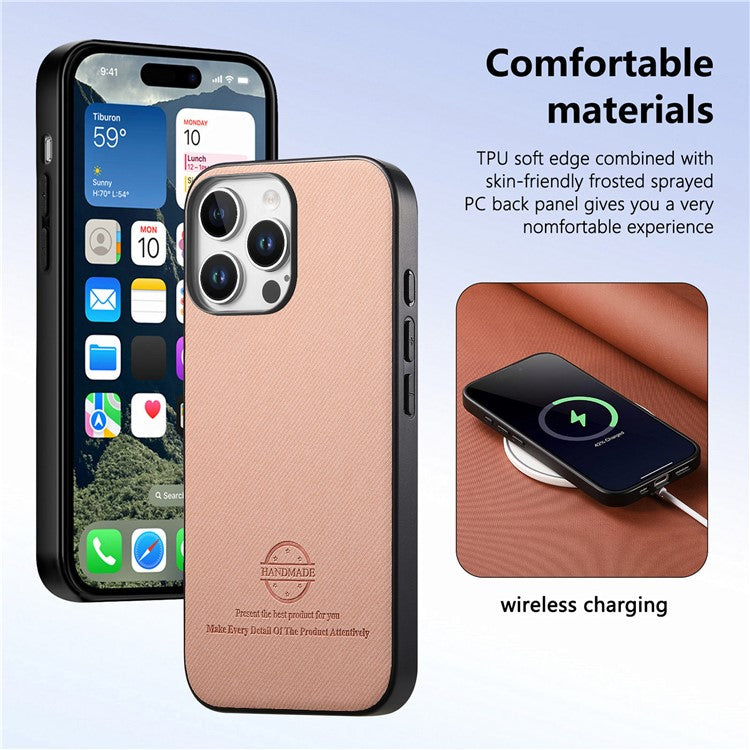 For iPhone 16 Pro Case Cloth Texture Leather+PC+TPU Anti-Drop Phone Cover - Pink