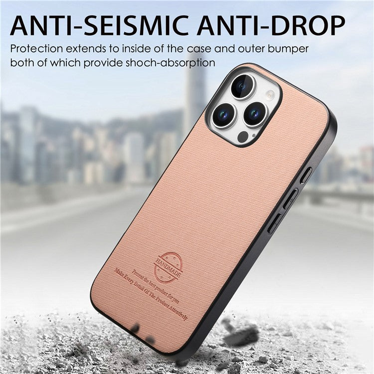 For iPhone 16 Pro Case Cloth Texture Leather+PC+TPU Anti-Drop Phone Cover - Pink