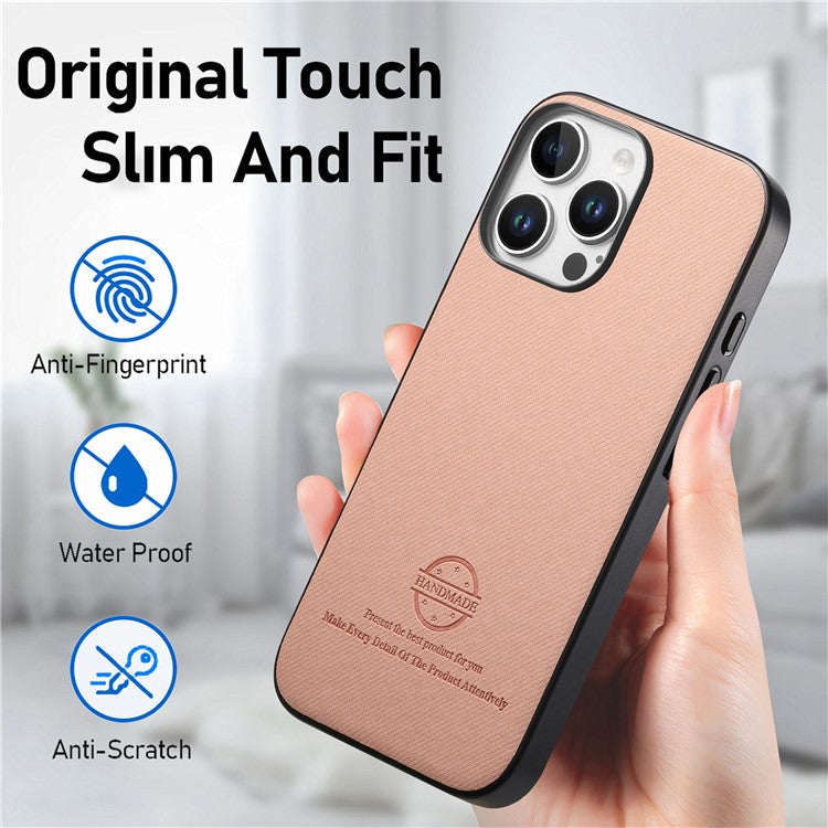 For iPhone 16 Pro Case Cloth Texture Leather+PC+TPU Anti-Drop Phone Cover - Pink