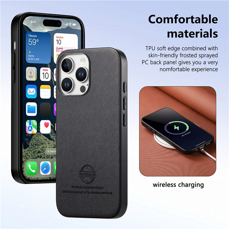 For iPhone 16 Pro Case Cloth Texture Leather+PC+TPU Anti-Drop Phone Cover - Black