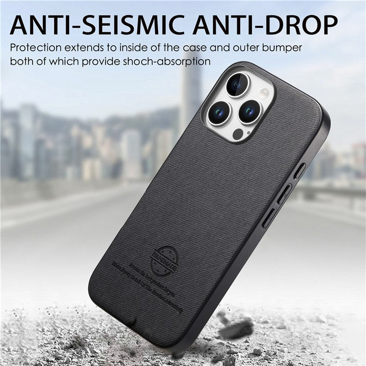 For iPhone 16 Pro Case Cloth Texture Leather+PC+TPU Anti-Drop Phone Cover - Black