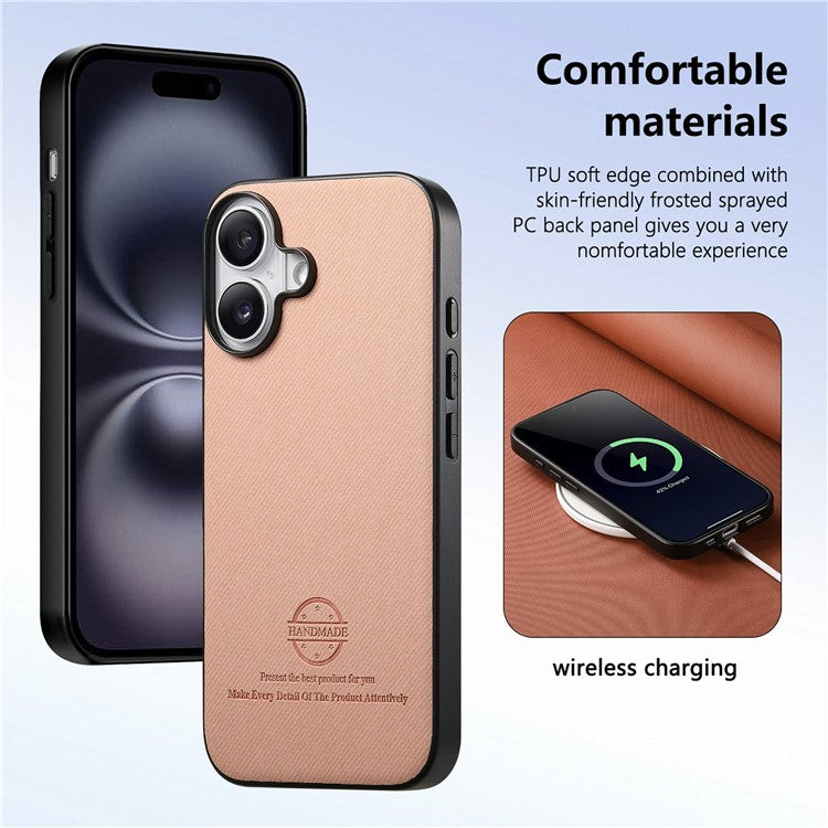 For iPhone 16 Plus Case Cloth Texture Leather+PC+TPU Anti-Drop Phone Cover - Pink