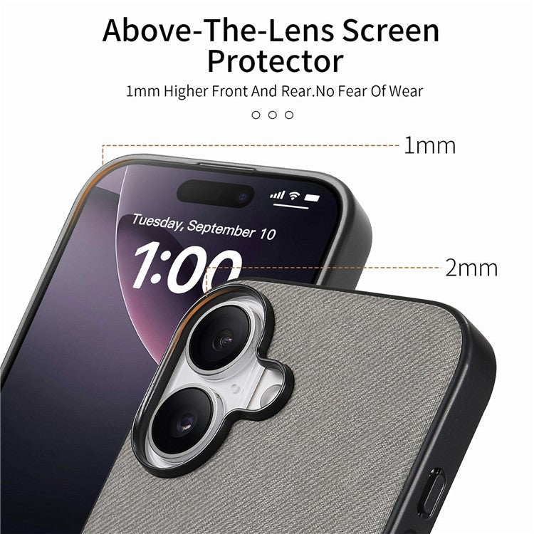 For iPhone 16 Plus Case Cloth Texture Leather+PC+TPU Anti-Drop Phone Cover - Grey