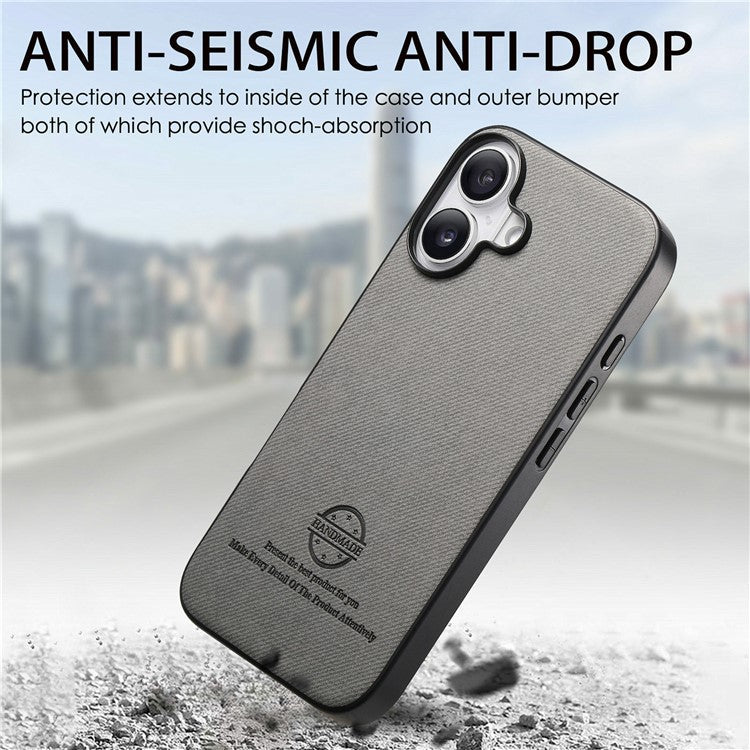 For iPhone 16 Plus Case Cloth Texture Leather+PC+TPU Anti-Drop Phone Cover - Grey