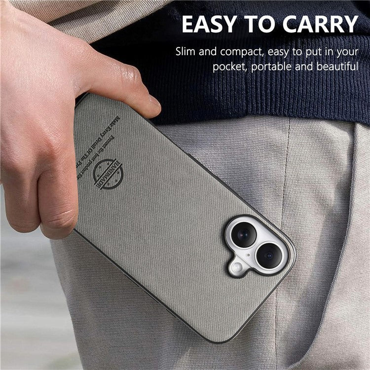 For iPhone 16 Plus Case Cloth Texture Leather+PC+TPU Anti-Drop Phone Cover - Grey