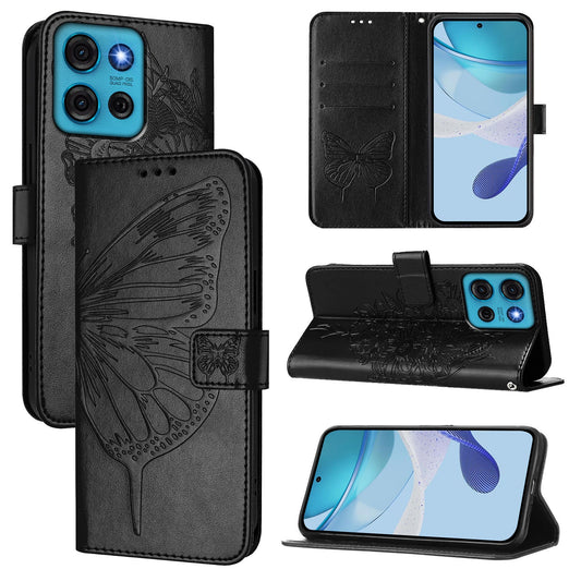 For Motorola Moto G75 5G Case YB Imprinting Series-4 Butterfly Flower Flip Wallet Leather Phone Cover - Black