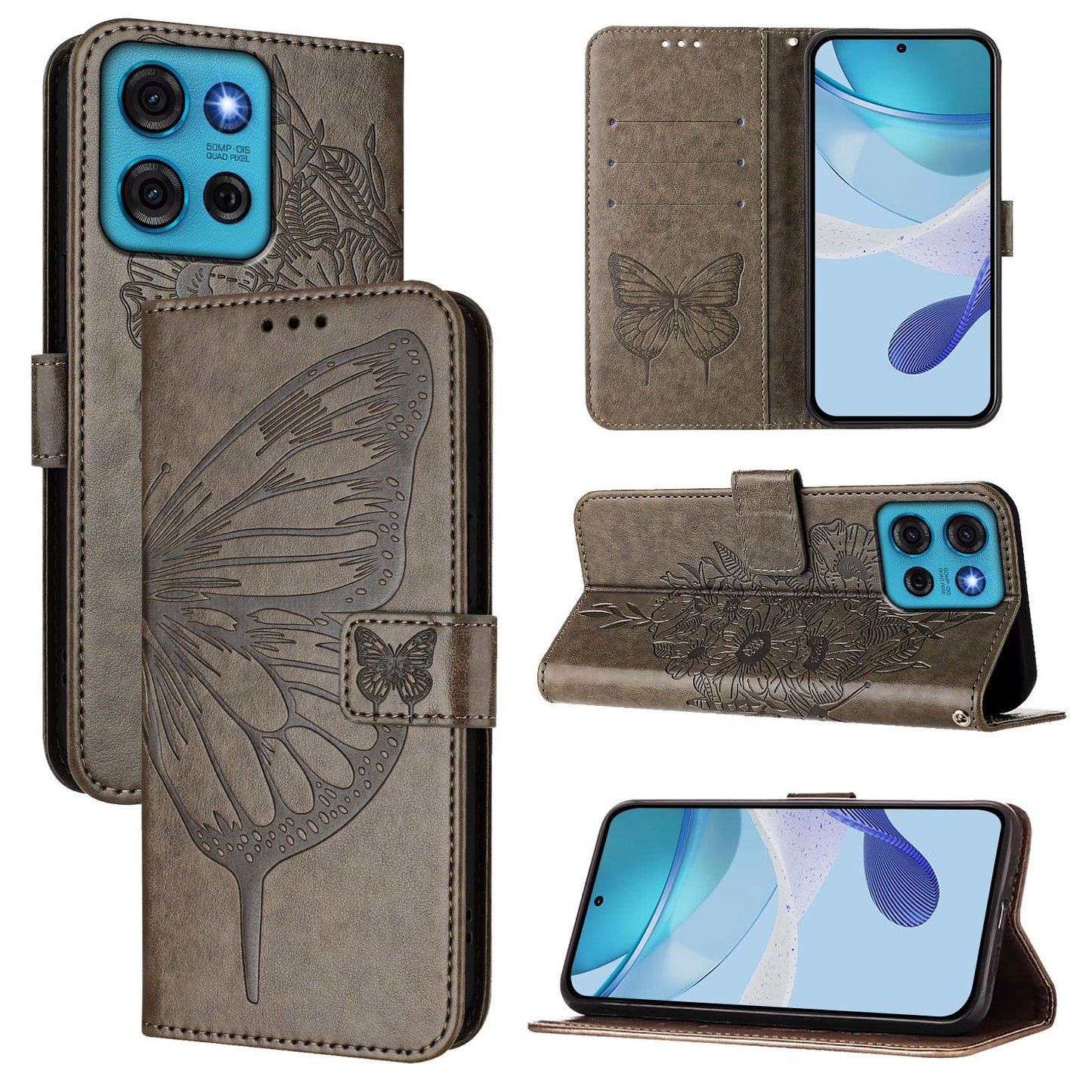 For Motorola Moto G75 5G Case YB Imprinting Series-4 Butterfly Flower Flip Wallet Leather Phone Cover - Grey