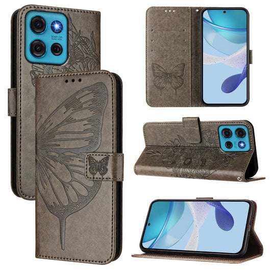 For Motorola Moto G75 5G Case YB Imprinting Series-4 Butterfly Flower Flip Wallet Leather Phone Cover - Grey