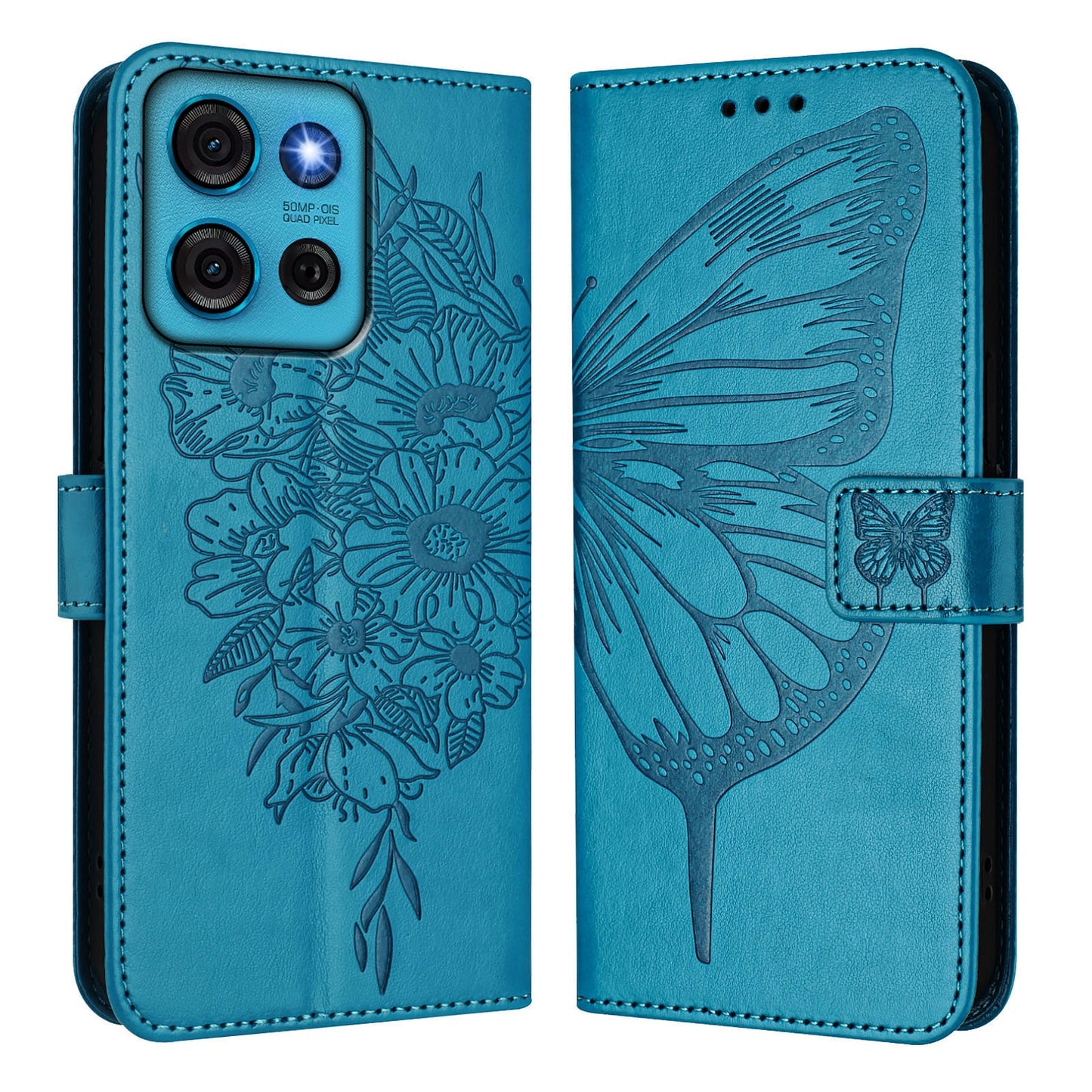 For Motorola Moto G75 5G Case YB Imprinting Series-4 Butterfly Flower Flip Wallet Leather Phone Cover - Blue
