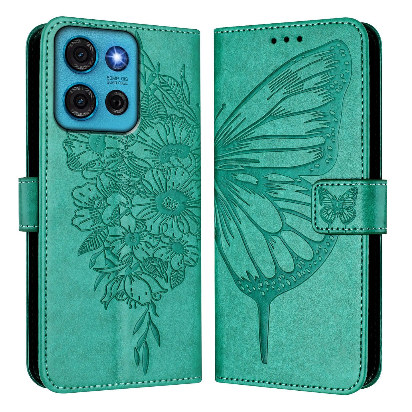 For Motorola Moto G75 5G Case YB Imprinting Series-4 Butterfly Flower Flip Wallet Leather Phone Cover - Green