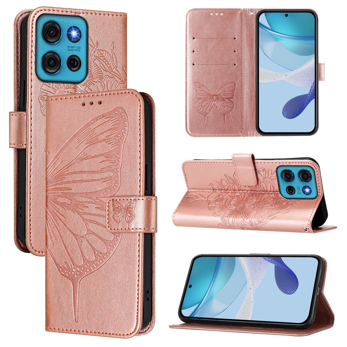 For Motorola Moto G75 5G Case YB Imprinting Series-4 Butterfly Flower Flip Wallet Leather Phone Cover - Rose Gold