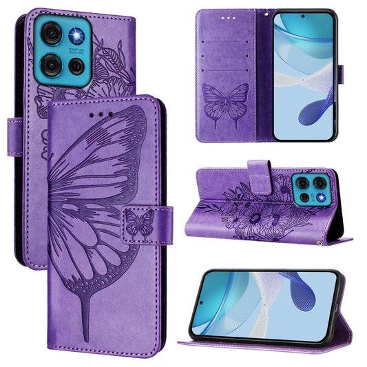 For Motorola Moto G75 5G Case YB Imprinting Series-4 Butterfly Flower Flip Wallet Leather Phone Cover - Purple