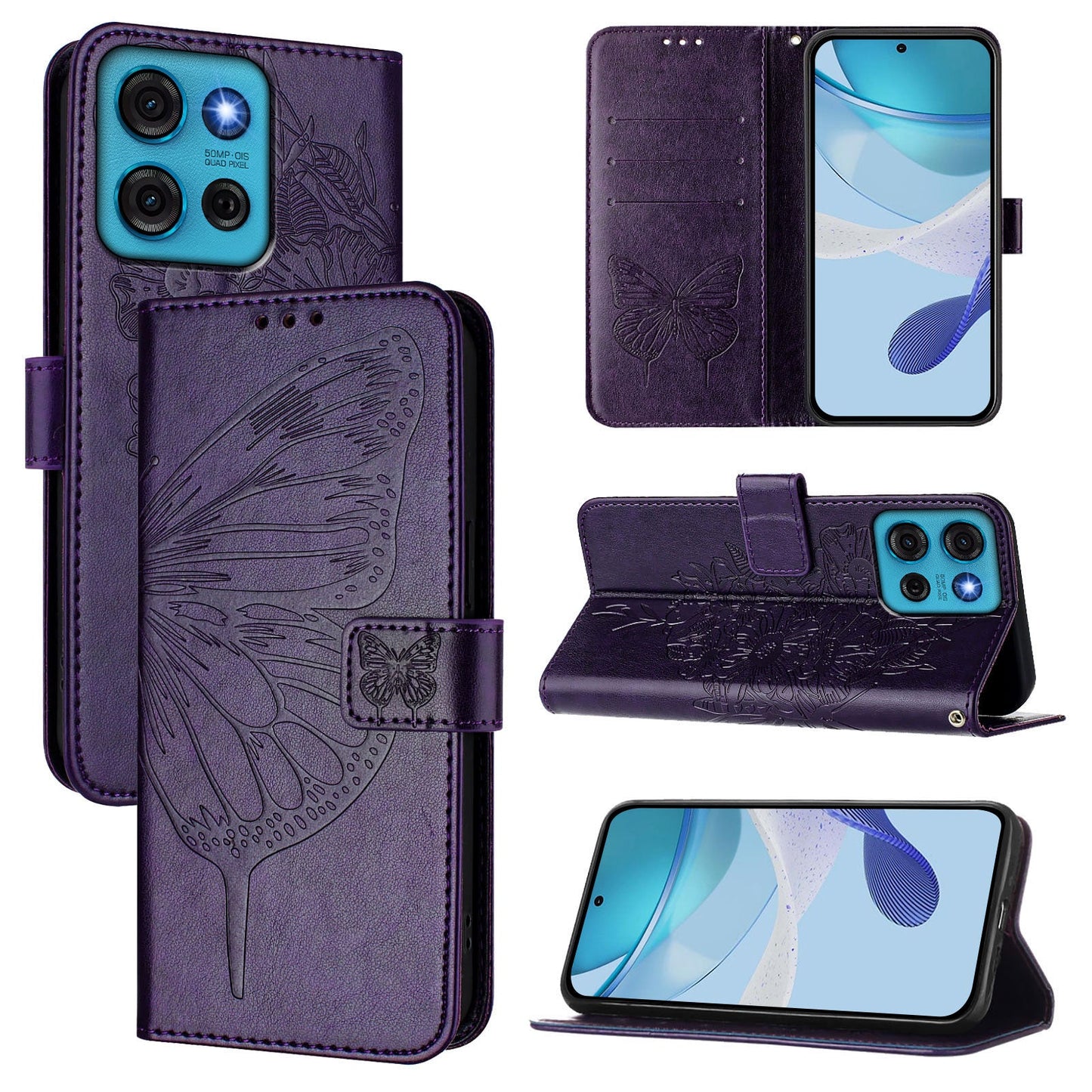 For Motorola Moto G75 5G Case YB Imprinting Series-4 Butterfly Flower Flip Wallet Leather Phone Cover - Dark Purple