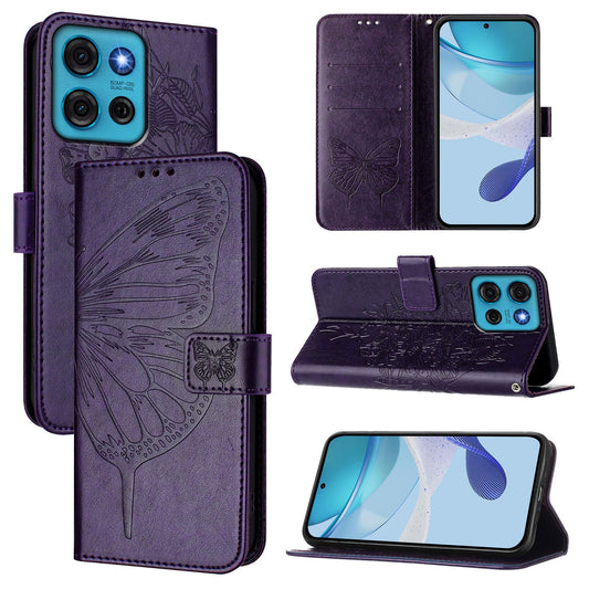 For Motorola Moto G75 5G Case YB Imprinting Series-4 Butterfly Flower Flip Wallet Leather Phone Cover - Dark Purple