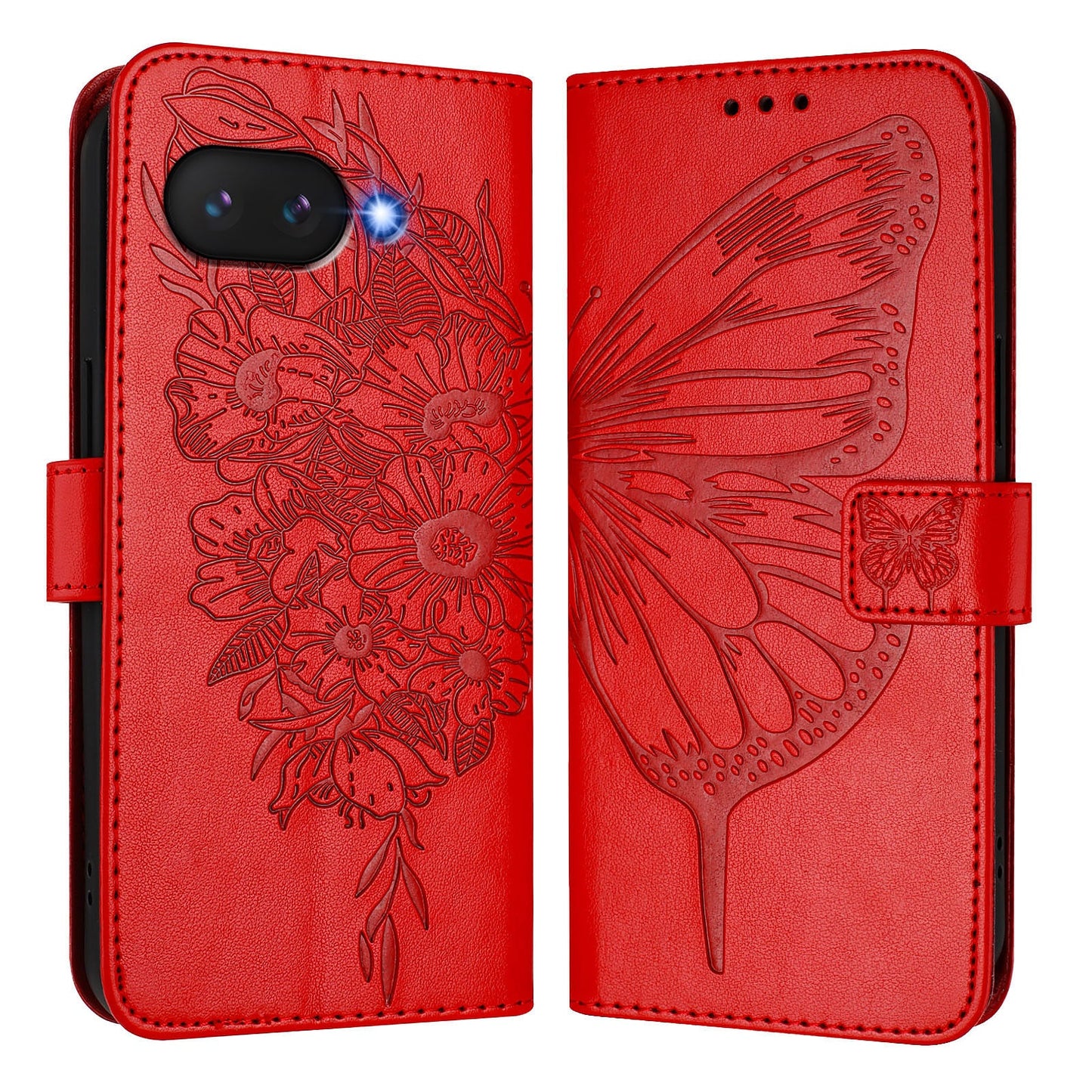 For Google Pixel 9a Case YB Imprinting Series-4 Butterfly Flower Flip Wallet Leather Phone Cover - Red