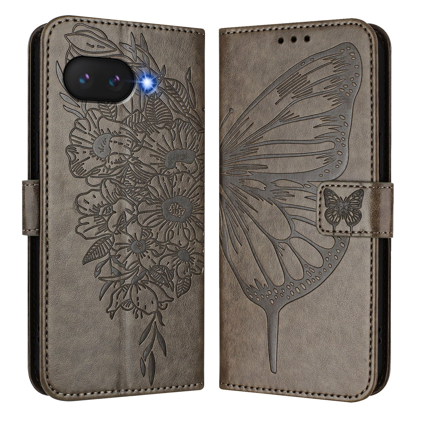 For Google Pixel 9a Case YB Imprinting Series-4 Butterfly Flower Flip Wallet Leather Phone Cover - Grey