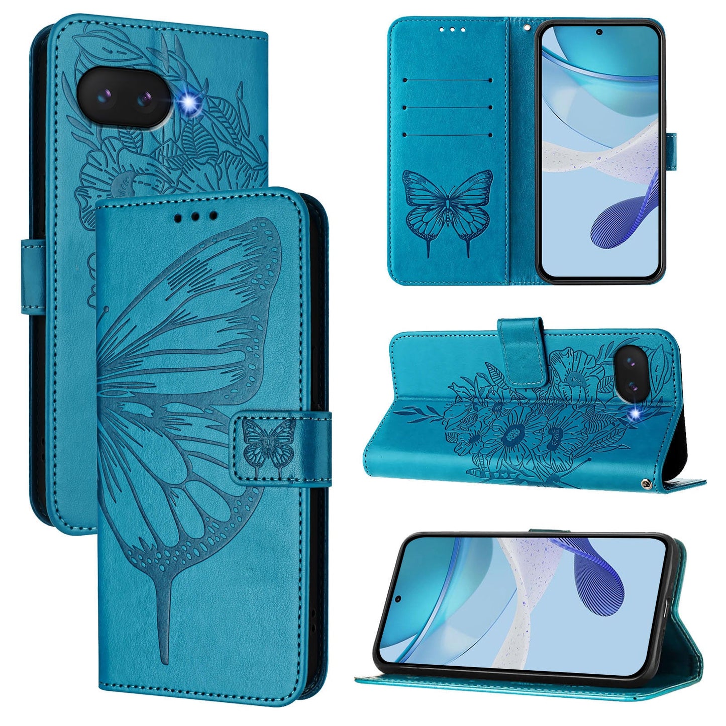 For Google Pixel 9a Case YB Imprinting Series-4 Butterfly Flower Flip Wallet Leather Phone Cover - Blue