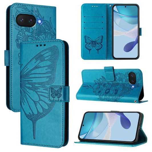 For Google Pixel 9a Case YB Imprinting Series-4 Butterfly Flower Flip Wallet Leather Phone Cover - Blue