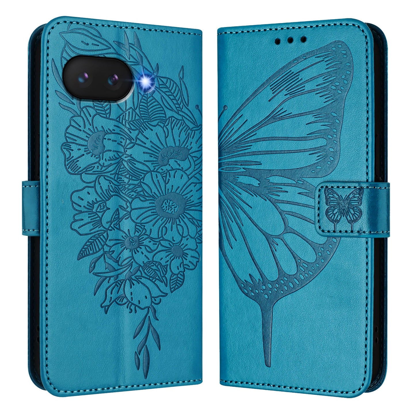 For Google Pixel 9a Case YB Imprinting Series-4 Butterfly Flower Flip Wallet Leather Phone Cover - Blue