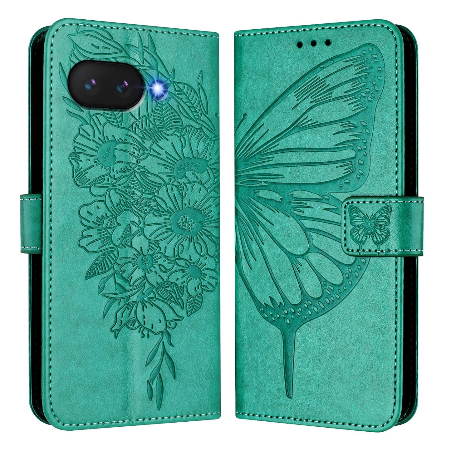 For Google Pixel 9a Case YB Imprinting Series-4 Butterfly Flower Flip Wallet Leather Phone Cover - Green
