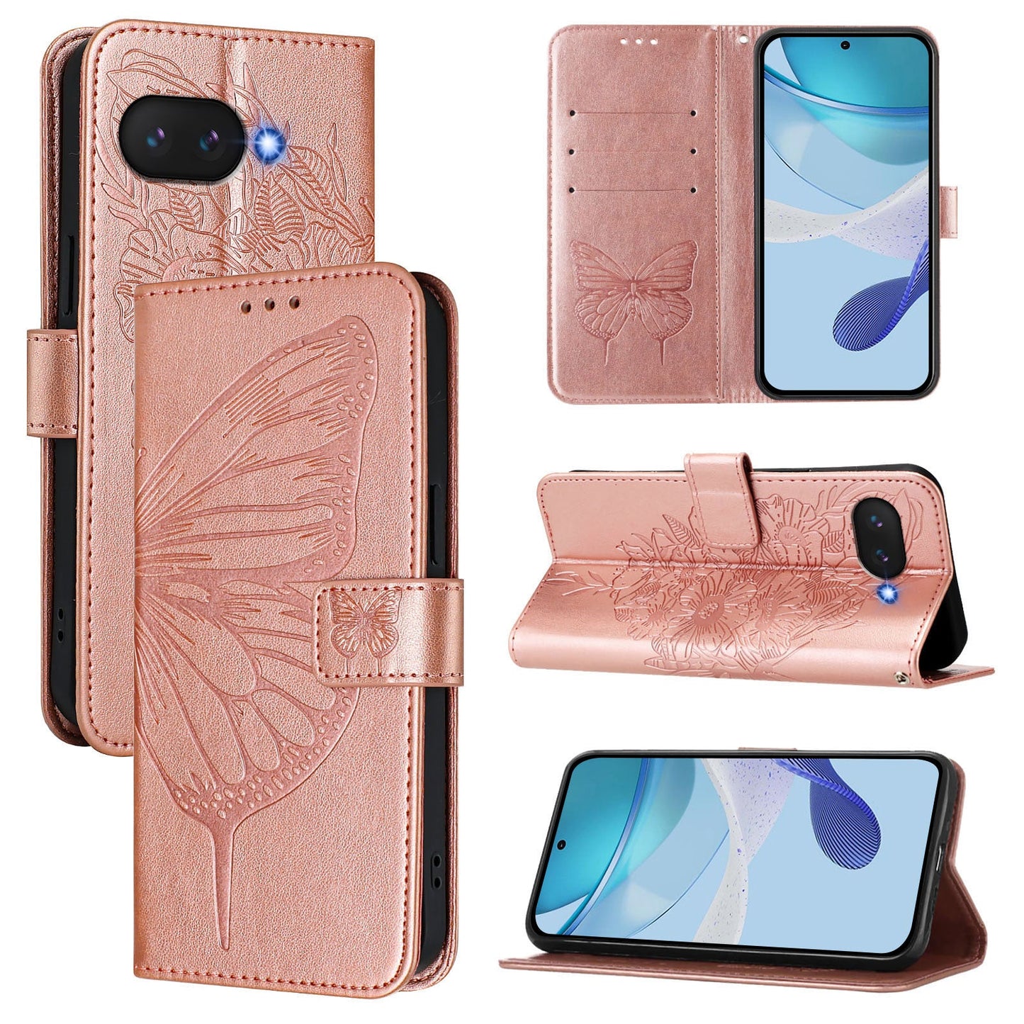 For Google Pixel 9a Case YB Imprinting Series-4 Butterfly Flower Flip Wallet Leather Phone Cover - Rose Gold