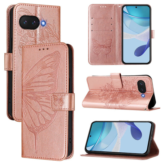 For Google Pixel 9a Case YB Imprinting Series-4 Butterfly Flower Flip Wallet Leather Phone Cover - Rose Gold