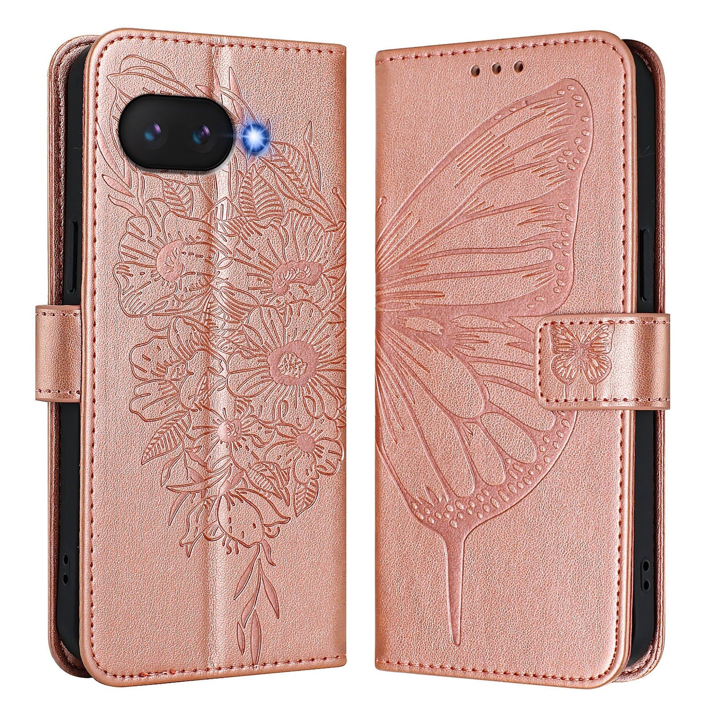 For Google Pixel 9a Case YB Imprinting Series-4 Butterfly Flower Flip Wallet Leather Phone Cover - Rose Gold