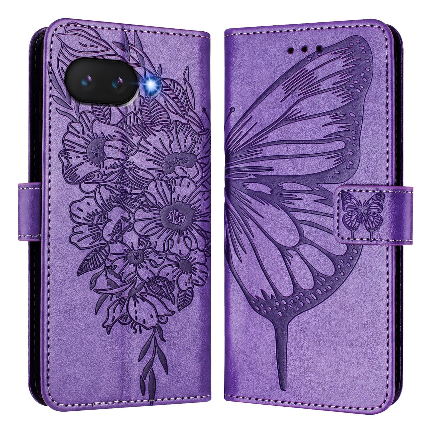 For Google Pixel 9a Case YB Imprinting Series-4 Butterfly Flower Flip Wallet Leather Phone Cover - Purple